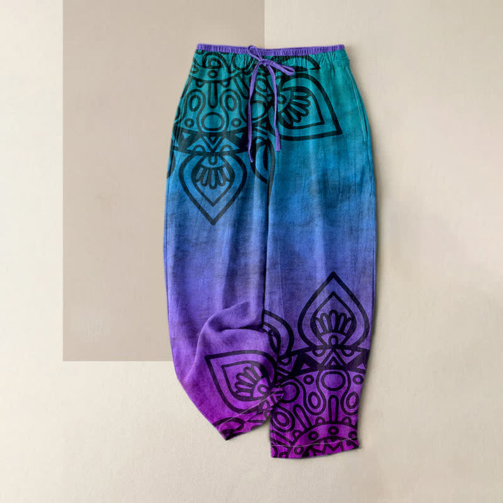 Buddha Stones Pantalones de mujer de algodón puro con estampado de mandala degradado y cintura elástica con bolsillos. - Violeta azul - US16，UK/AU20，EU48 (3XL) - image 0