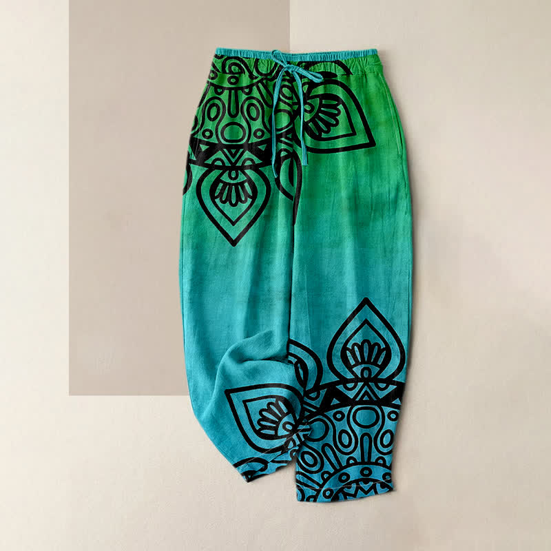 Buddha Stones Pantalones de mujer de algodón puro con estampado de mandala degradado y cintura elástica con bolsillos. - Turquesa - US16，UK/AU20，EU48 (3XL) - image 4