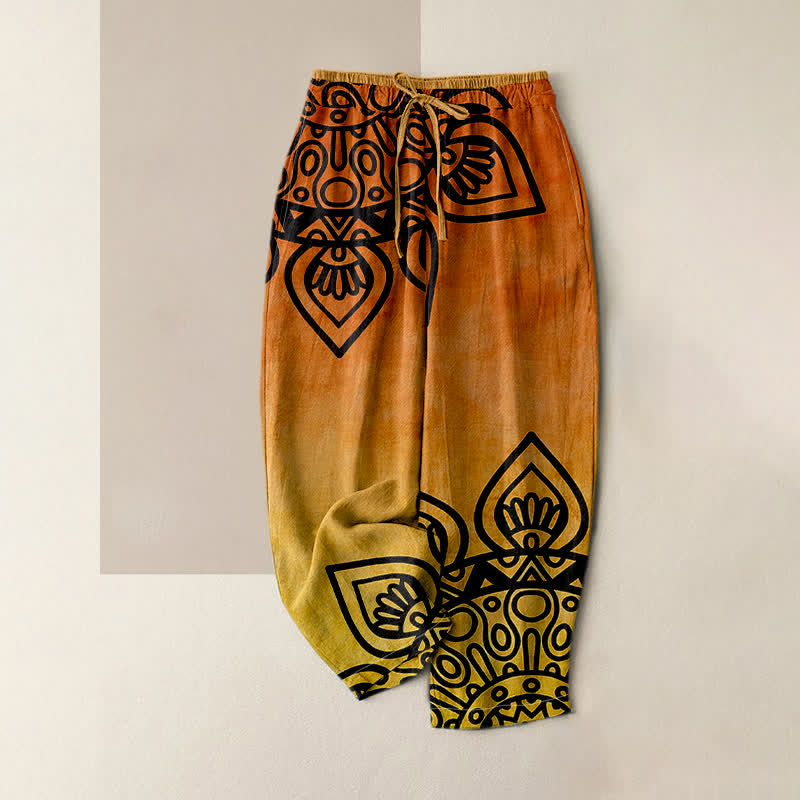 Buddha Stones Pantalones de mujer de algodón puro con estampado de mandala degradado y cintura elástica con bolsillos. - Naranja oscuro - US16，UK/AU20，EU48 (3XL) - image 4
