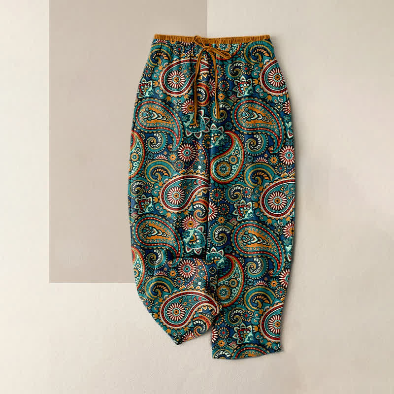 Buddha Stones Pantalones de mujer de algodón puro con estampado floral de cachemir, cintura elástica y bolsillos. - Verde azulado - US16，UK/AU20，EU48 (3XL) - image 0