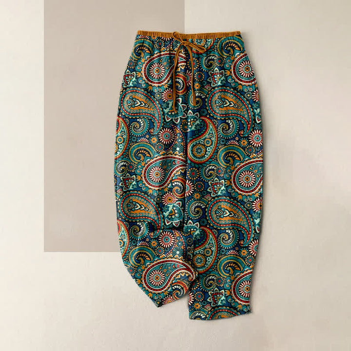 Buddha Stones Pantalones de mujer de algodón puro con estampado floral de cachemir, cintura elástica y bolsillos. - Verde azulado - US16，UK/AU20，EU48 (3XL) - image 0