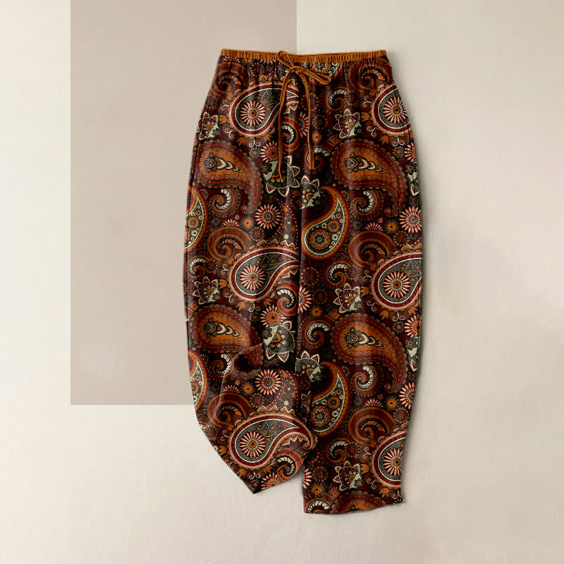 Buddha Stones Pantalones de mujer de algodón puro con estampado floral de cachemir, cintura elástica y bolsillos. - Marrón - US16，UK/AU20，EU48 (3XL) - image 4