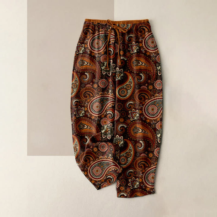 Buddha Stones Pantalones de mujer de algodón puro con estampado floral de cachemir, cintura elástica y bolsillos. - Marrón - US16，UK/AU20，EU48 (3XL) - image 4