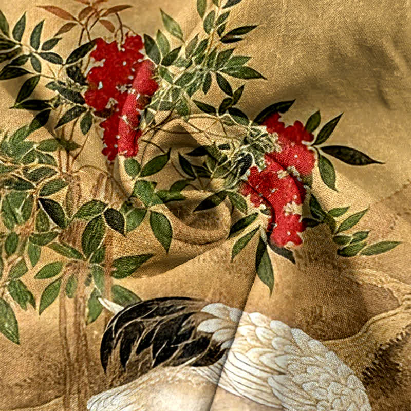 Buddha Stones Pantalones de mujer de algodón puro con estampado de grullas y pinos, cintura elástica y bolsillos. - image 2