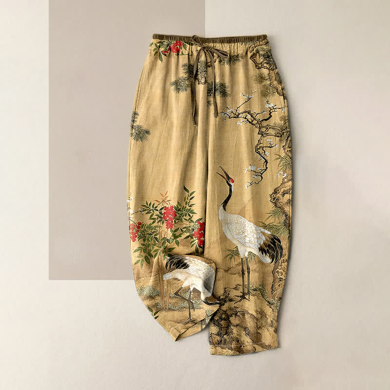 Buddha Stones Pantalones de mujer de algodón puro con estampado de grullas y pinos, cintura elástica y bolsillos. - Trigo - US16，UK/AU20，EU48 (3XL) - image 0