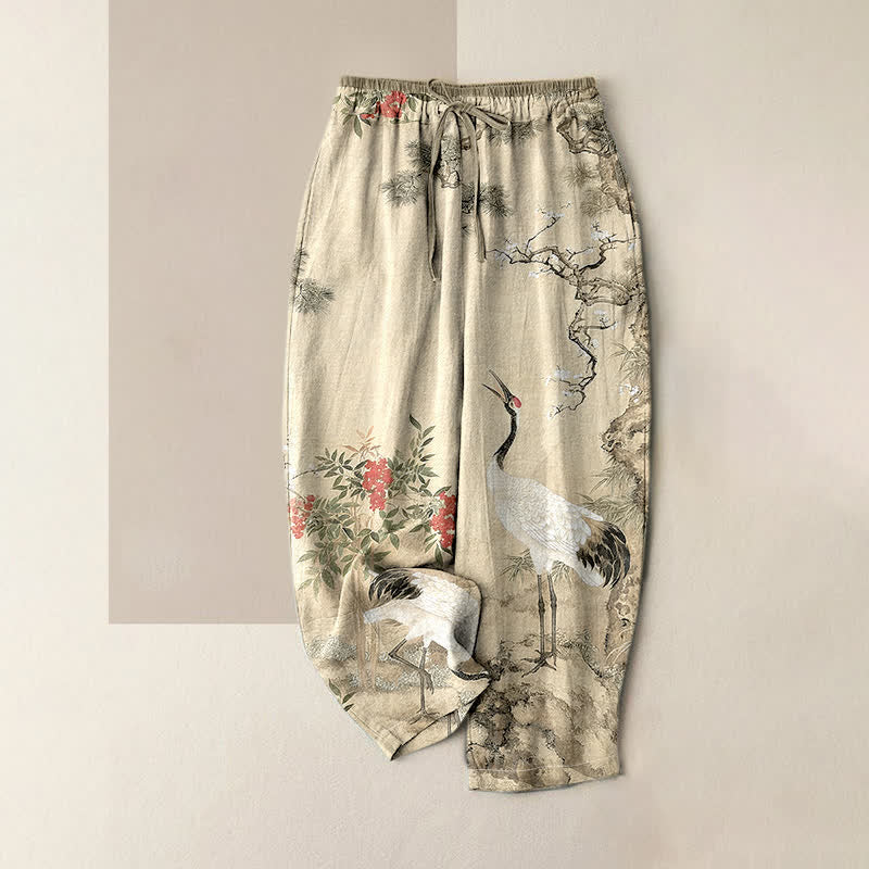 Buddha Stones Pantalones de mujer de algodón puro con estampado de grullas y pinos, cintura elástica y bolsillos. - Beige - US16，UK/AU20，EU48 (3XL) - image 3