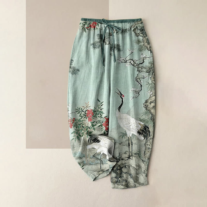 Buddha Stones Pantalones de mujer de algodón puro con estampado de grullas y pinos, cintura elástica y bolsillos. - Turquesa pálido - US16，UK/AU20，EU48 (3XL) - image 4