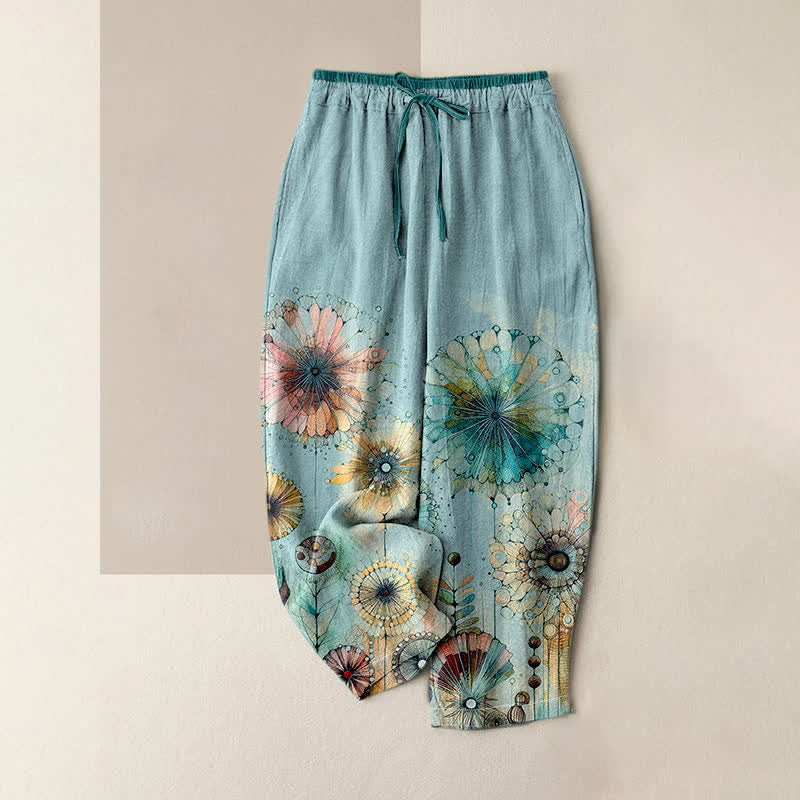 Buddha Stones Pantalones de mujer de algodón puro con estampado floral de mandala en acuarela, cintura elástica y bolsillos. - Azul claro - US16，UK/AU20，EU48 (3XL) - image 3