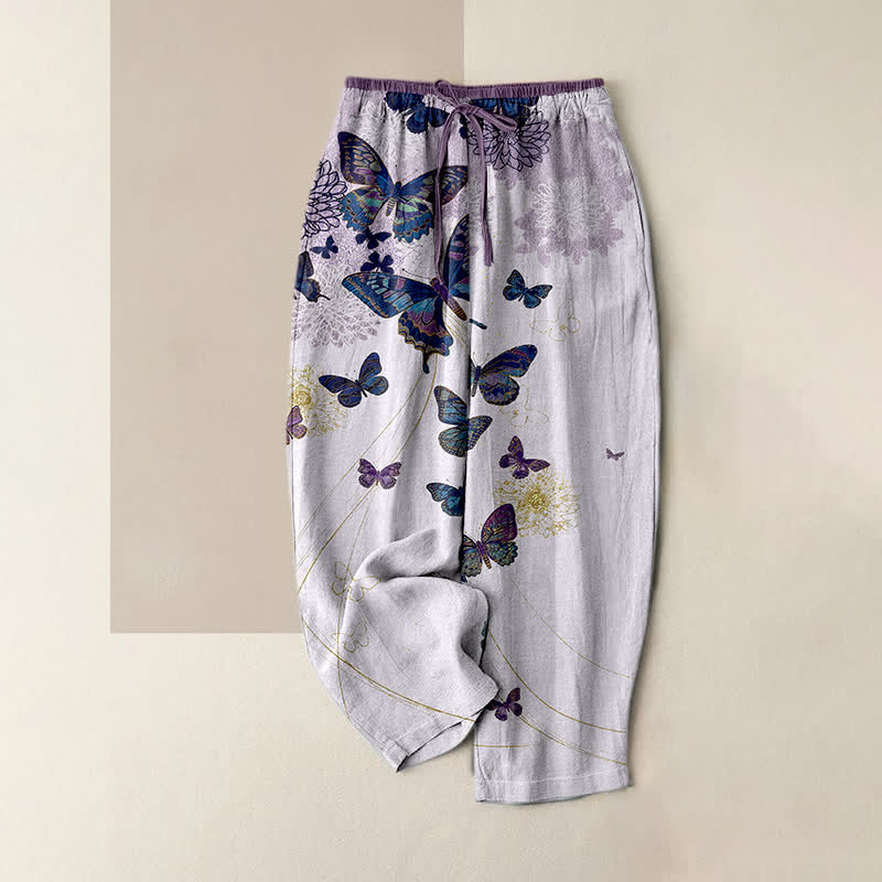 Buddha Stones Pantalones de mujer de algodón puro con estampado floral y mariposas estilo bohemio, cintura elástica y bolsillos. - Lavanda - US16，UK/AU20，EU48 (3XL) - image 0