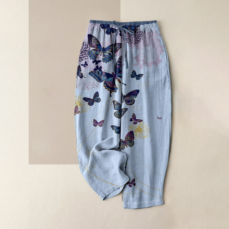 Buddha Stones Pantalones de mujer de algodón puro con estampado floral y mariposas estilo bohemio, cintura elástica y bolsillos. - Azul claro - US16，UK/AU20，EU48 (3XL) - image 3