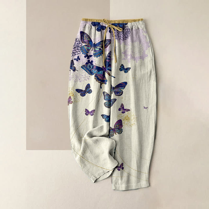 Buddha Stones Pantalones de mujer de algodón puro con estampado floral y mariposas estilo bohemio, cintura elástica y bolsillos. - Marfil - US16，UK/AU20，EU48 (3XL) - image 4