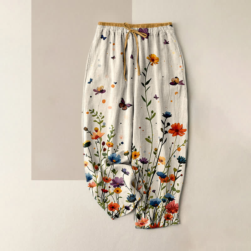 Buddha Stones Pantalones de mujer de algodón puro con estampado floral bohemio de mariposas y cintura elástica con bolsillos. - Marfil - US16，UK/AU20，EU48 (3XL) - image 0