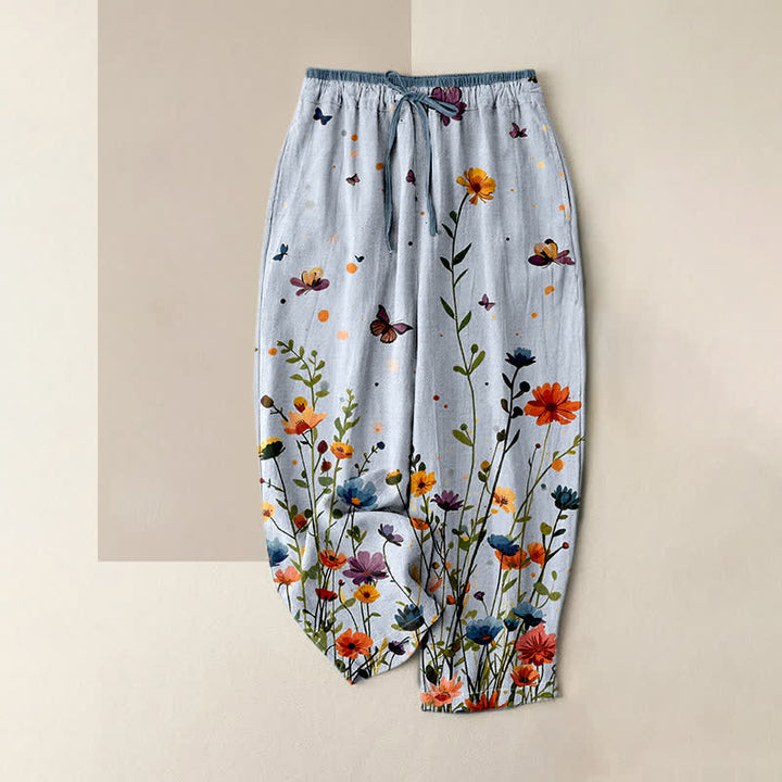 Buddha Stones Pantalones de mujer de algodón puro con estampado floral bohemio de mariposas y cintura elástica con bolsillos. - Azul claro - US16，UK/AU20，EU48 (3XL) - image 4