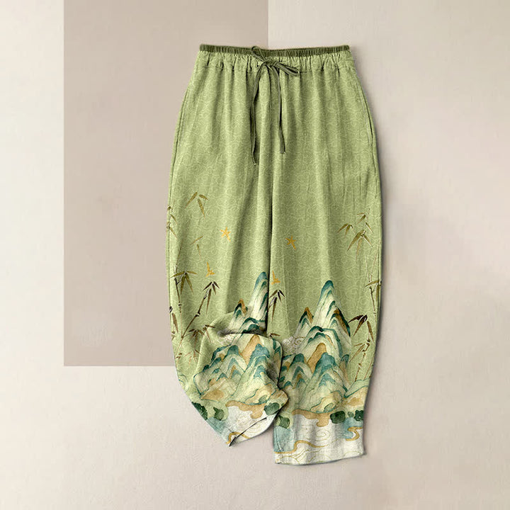 Buddha Stones Pantalones de mujer de algodón puro con estampado de bambú de montaña y cintura elástica con bolsillos. - Verde mar oscuro - US16，UK/AU20，EU48 (3XL) - image 0