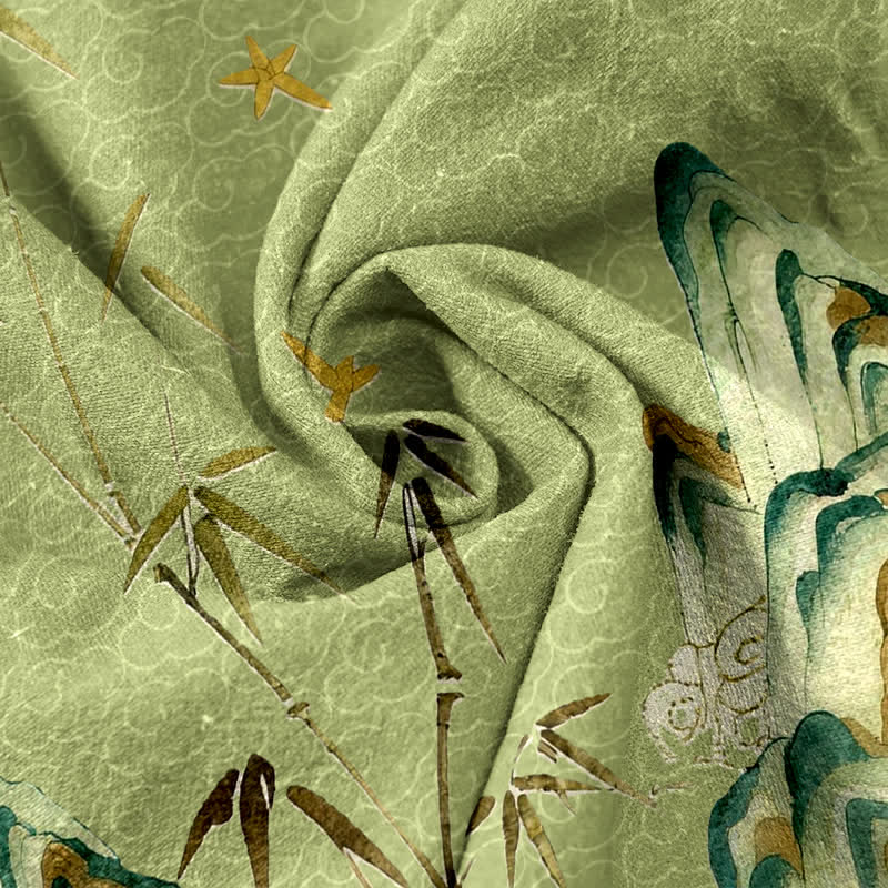 Buddha Stones Pantalones de mujer de algodón puro con estampado de bambú de montaña y cintura elástica con bolsillos. - image 2