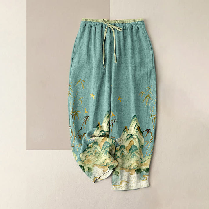 Buddha Stones Pantalones de mujer de algodón puro con estampado de bambú de montaña y cintura elástica con bolsillos. - Turquesa - US16，UK/AU20，EU48 (3XL) - image 3