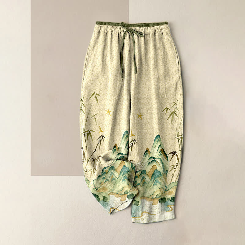 Buddha Stones Pantalones de mujer de algodón puro con estampado de bambú de montaña y cintura elástica con bolsillos. - Beige - US16，UK/AU20，EU48 (3XL) - image 4