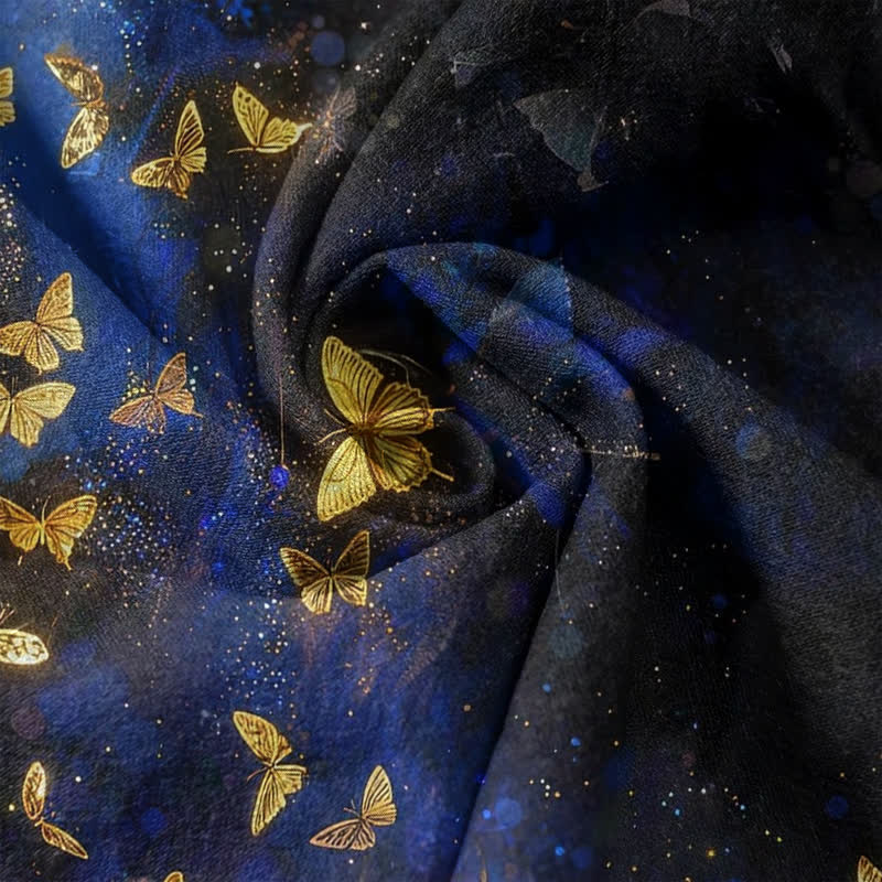 Buddha Stones Pantalones de mujer de algodón puro con estampado degradado de mariposa dorada y cintura elástica con bolsillos. - image 3