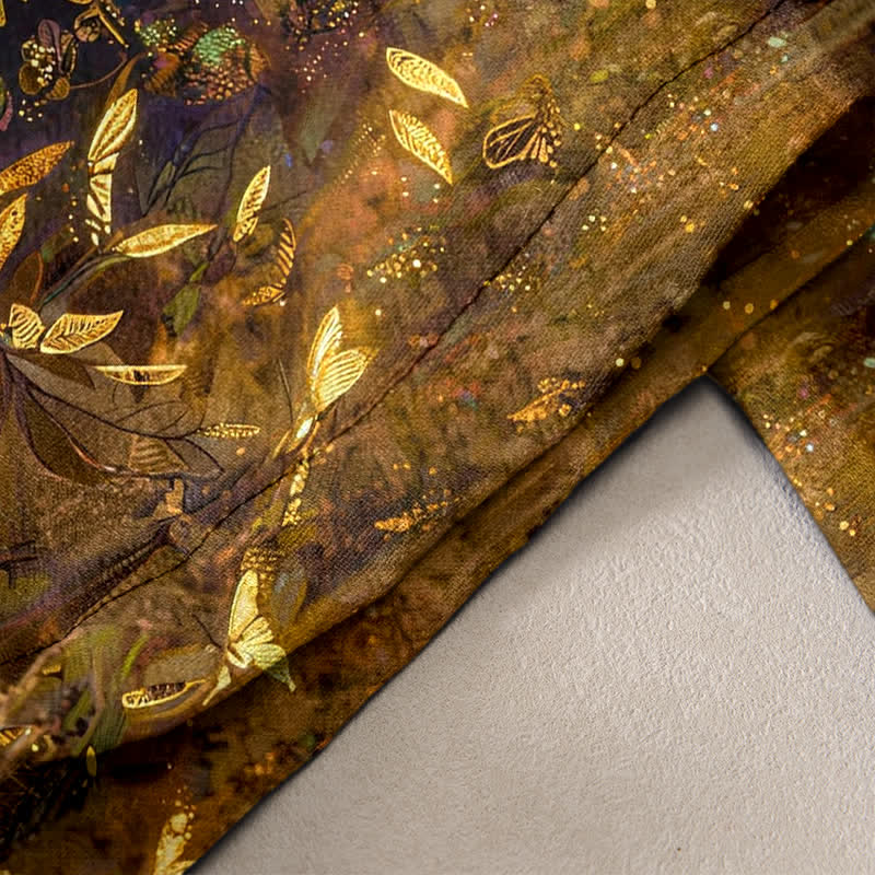 Buddha Stones Pantalones de mujer de algodón puro con estampado degradado de mariposa dorada y cintura elástica con bolsillos. - image 2