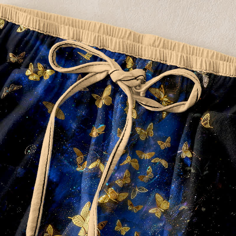 Buddha Stones Pantalones de mujer de algodón puro con estampado degradado de mariposa dorada y cintura elástica con bolsillos. - image 1