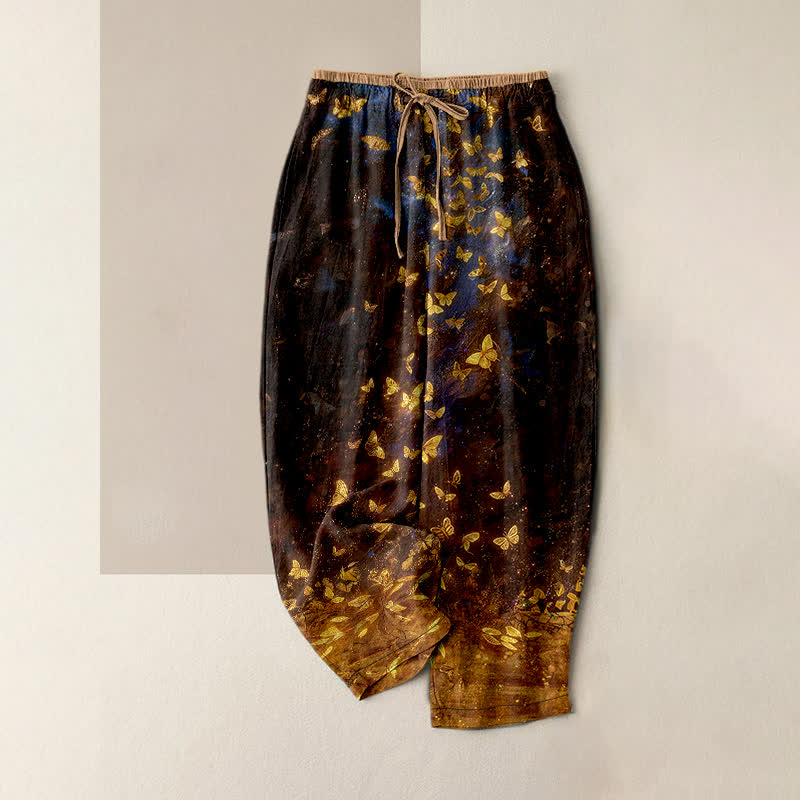 Buddha Stones Pantalones de mujer de algodón puro con estampado degradado de mariposa dorada y cintura elástica con bolsillos. - Marrón silla de montar - US16，UK/AU20，EU48 (3XL) - image 4