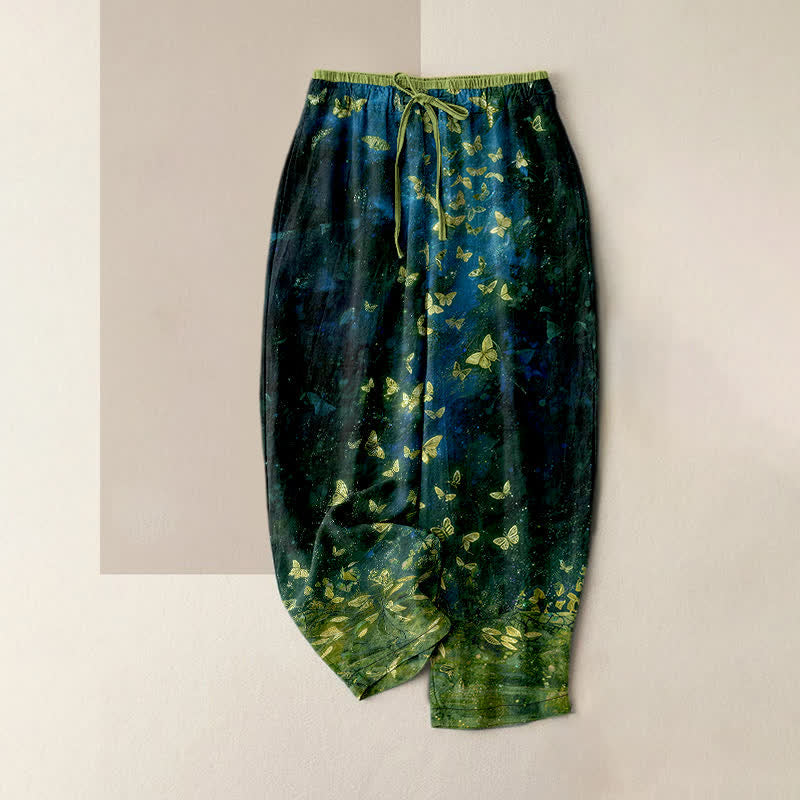 Buddha Stones Pantalones de mujer de algodón puro con estampado degradado de mariposa dorada y cintura elástica con bolsillos. - Verde oscuro - US16，UK/AU20，EU48 (3XL) - image 5