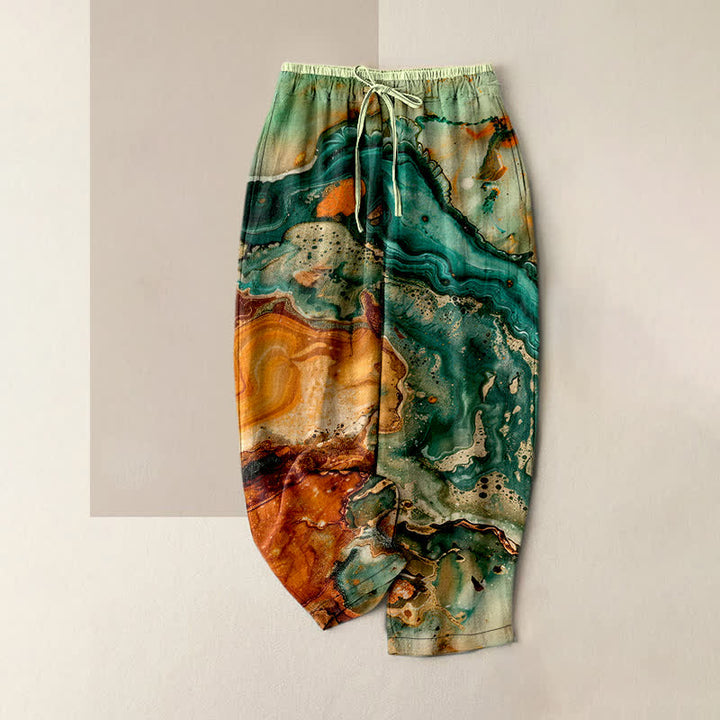 Buddha Stones Pantalones de mujer de algodón con estampado de ondas de mármol, cintura elástica y bolsillos. - Verde mar oscuro - US16，UK/AU20，EU48 (3XL) - image 0