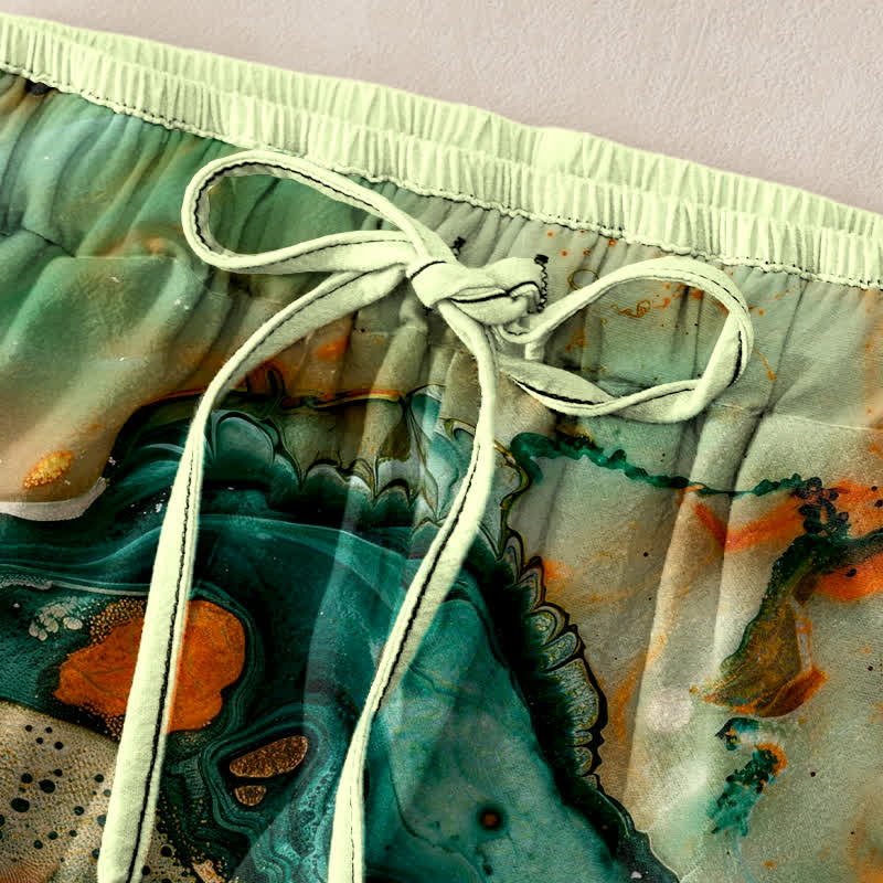 Buddha Stones Pantalones de mujer de algodón con estampado de ondas de mármol, cintura elástica y bolsillos. - image 1