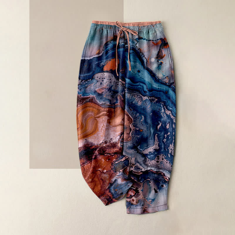 Buddha Stones Pantalones de mujer de algodón con estampado de ondas de mármol, cintura elástica y bolsillos. - Azul acero - US16，UK/AU20，EU48 (3XL) - image 4