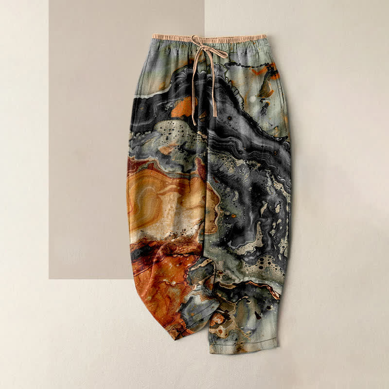 Buddha Stones Pantalones de mujer de algodón con estampado de ondas de mármol, cintura elástica y bolsillos. - Gris oscuro - US16，UK/AU20，EU48 (3XL) - image 5