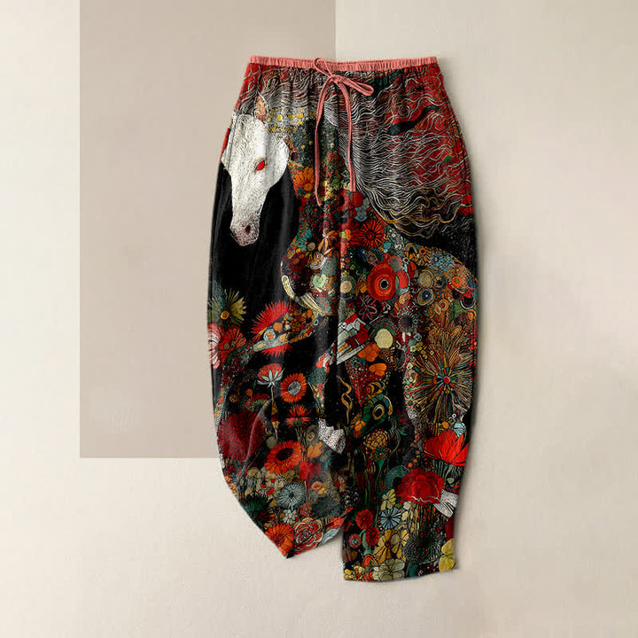 Buddha Stones Pantalones de mujer de algodón puro con estampado floral bohemio de caballos, cintura elástica y bolsillos. - Negro - US16，UK/AU20，EU48 (3XL) - image 0