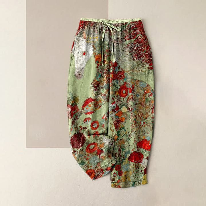 Buddha Stones Pantalones de mujer de algodón puro con estampado floral bohemio de caballos, cintura elástica y bolsillos. - Verde mar oscuro - US16，UK/AU20，EU48 (3XL) - image 4