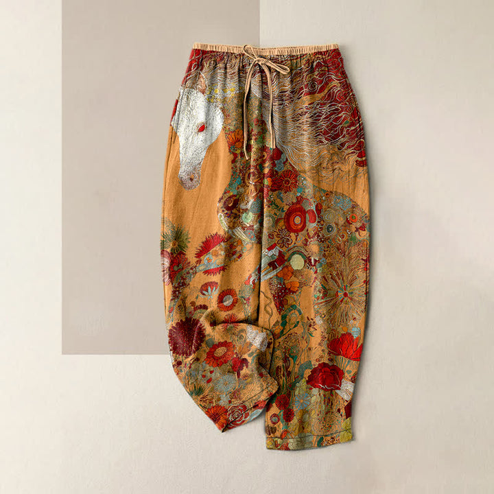 Buddha Stones Pantalones de mujer de algodón puro con estampado floral bohemio de caballos, cintura elástica y bolsillos. - Naranja - US16，UK/AU20，EU48 (3XL) - image 5