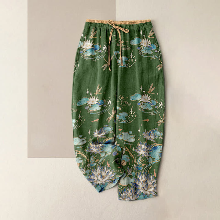 Buddha Stones Pantalones de mujer de algodón puro con estampado de ondas de loto y cintura elástica con bolsillos. - Verde oliva oscuro - US16，UK/AU20，EU48 (3XL) - image 0