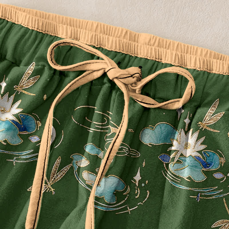 Buddha Stones Pantalones de mujer de algodón puro con estampado de ondas de loto y cintura elástica con bolsillos. - image 1