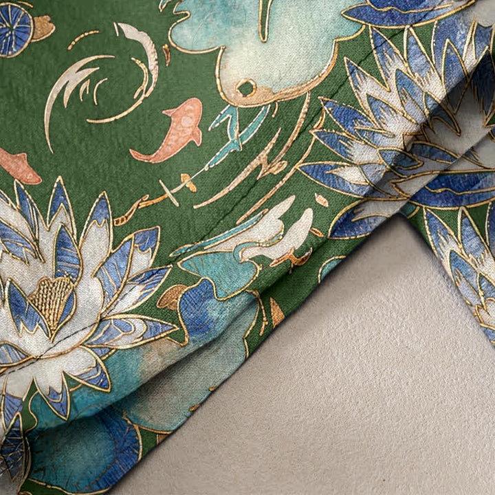 Buddha Stones Pantalones de mujer de algodón puro con estampado de ondas de loto y cintura elástica con bolsillos. - image 2