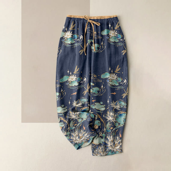 Buddha Stones Pantalones de mujer de algodón puro con estampado de ondas de loto y cintura elástica con bolsillos. - Marina de guerra - US16，UK/AU20，EU48 (3XL) - image 4