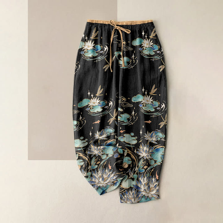 Buddha Stones Pantalones de mujer de algodón puro con estampado de ondas de loto y cintura elástica con bolsillos. - Negro - US16，UK/AU20，EU48 (3XL) - image 5