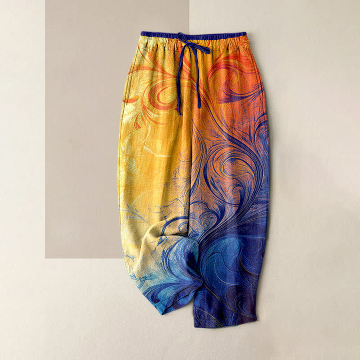 Buddha Stones Pantalones de mujer de algodón puro con estampado degradado en espiral al atardecer y cintura elástica con bolsillos. - Naranja - US16，UK/AU20，EU48 (3XL) - image 0