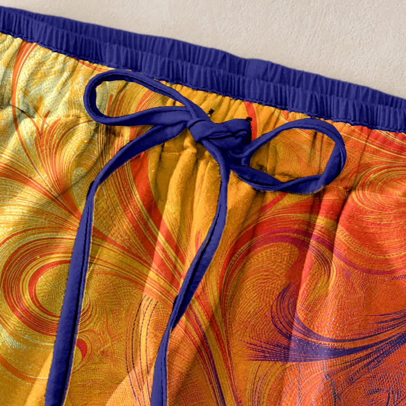 Buddha Stones Pantalones de mujer de algodón puro con estampado degradado en espiral al atardecer y cintura elástica con bolsillos. - image 1