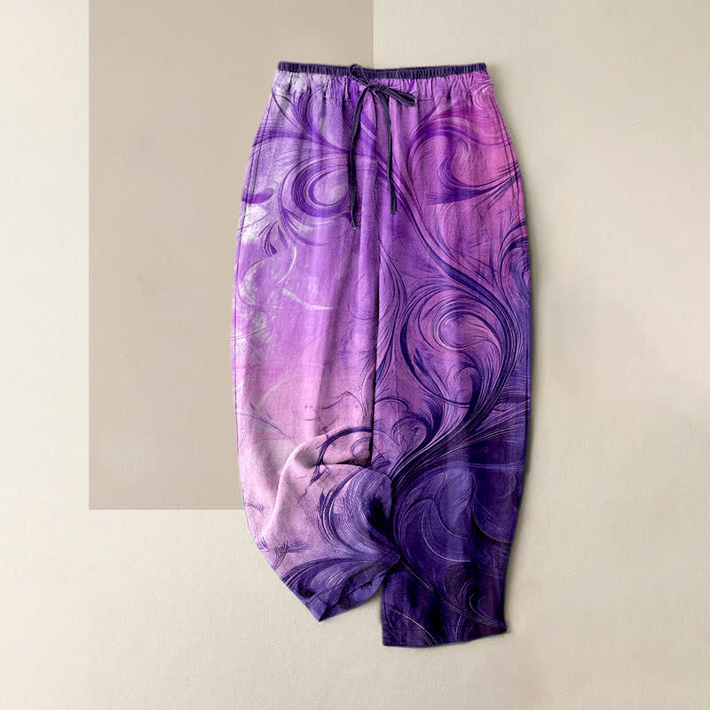 Buddha Stones Pantalones de mujer de algodón puro con estampado degradado en espiral al atardecer y cintura elástica con bolsillos. - Violeta oscuro - US16，UK/AU20，EU48 (3XL) - image 4