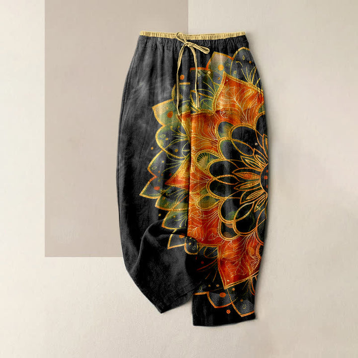Buddha Stones Pantalones de mujer de algodón puro con estampado de mandala dorado y cintura elástica con bolsillos. - Negro - US16，UK/AU20，EU48 (3XL) - image 5