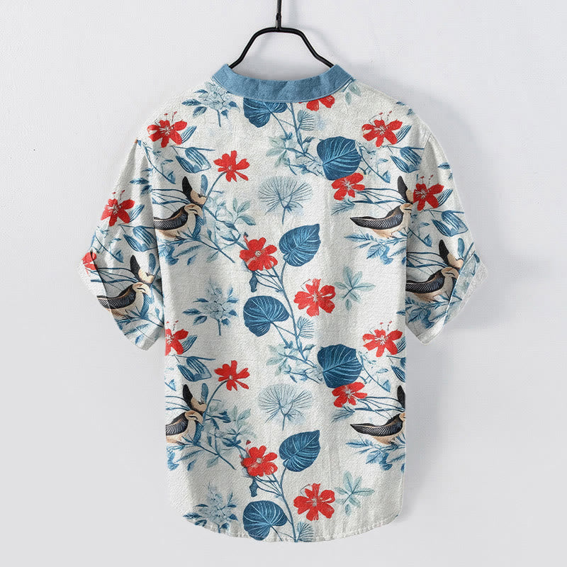 Buddha Stones Camisa de manga corta con medio botón para hombre, de algodón, con estampado floral tropical de pájaros. - image 1