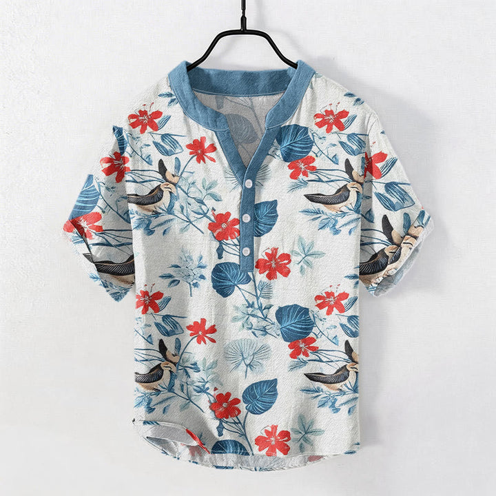 Buddha Stones Camisa de manga corta con medio botón para hombre, de algodón, con estampado floral tropical de pájaros. - Azul acero claro - US/UK/AU50, EU60 (5XL) - image 0