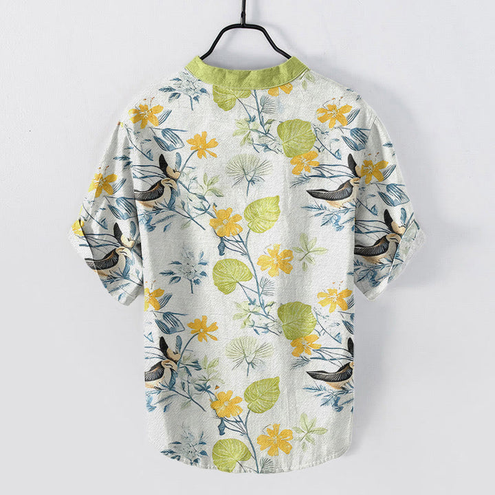 Buddha Stones Camisa de manga corta con medio botón para hombre, de algodón, con estampado floral tropical de pájaros. - image 4
