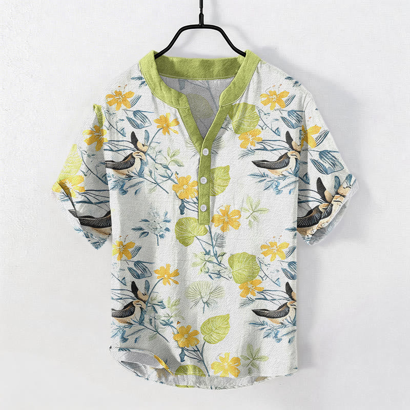 Buddha Stones Camisa de manga corta con medio botón para hombre, de algodón, con estampado floral tropical de pájaros. - VerdeAmarillo - US/UK/AU50, EU60 (5XL) - image 3