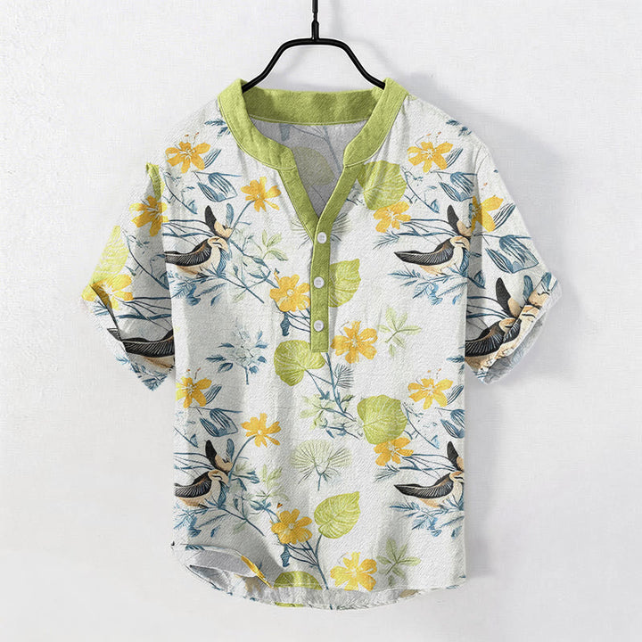 Buddha Stones Camisa de manga corta con medio botón para hombre, de algodón, con estampado floral tropical de pájaros. - VerdeAmarillo - US/UK/AU50, EU60 (5XL) - image 3