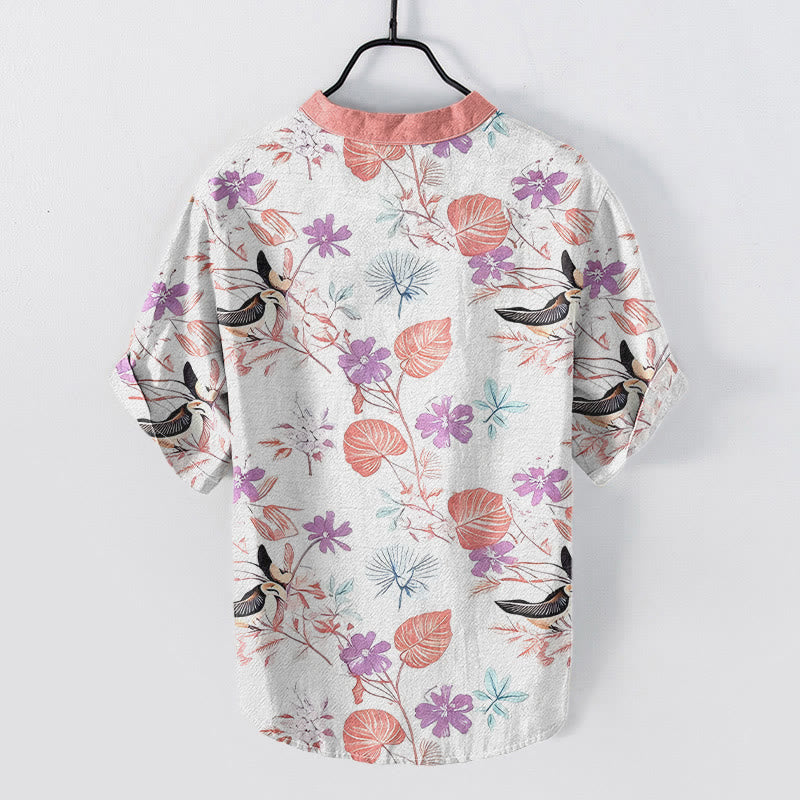 Buddha Stones Camisa de manga corta con medio botón para hombre, de algodón, con estampado floral tropical de pájaros. - image 6