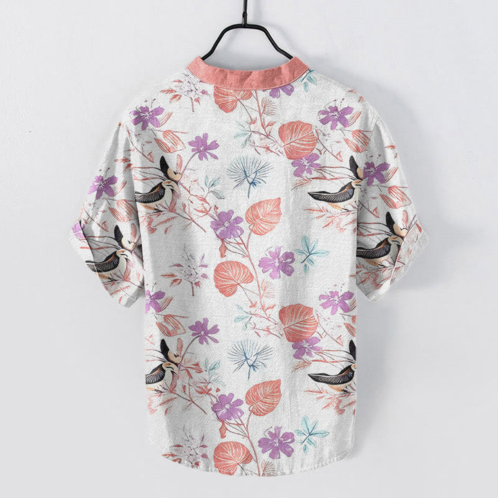 Buddha Stones Camisa de manga corta con medio botón para hombre, de algodón, con estampado floral tropical de pájaros. - image 6