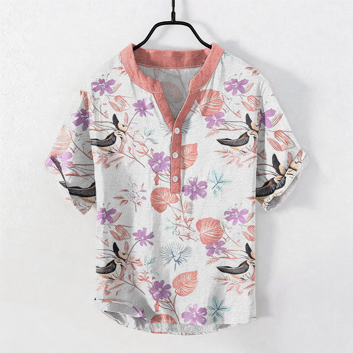 Buddha Stones Camisa de manga corta con medio botón para hombre, de algodón, con estampado floral tropical de pájaros. - Rosa Misty - US/UK/AU50, EU60 (5XL) - image 5